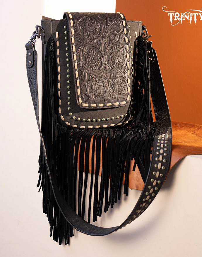 Trinity Ranch Floral Tooled Concealed Carry Crossbody Bag - Black